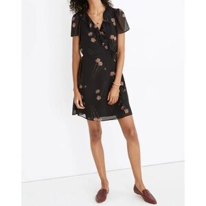 Madewell Georgette Ruffle Wrap Mini Dress Black Floral Print NWT Size XL (B31)